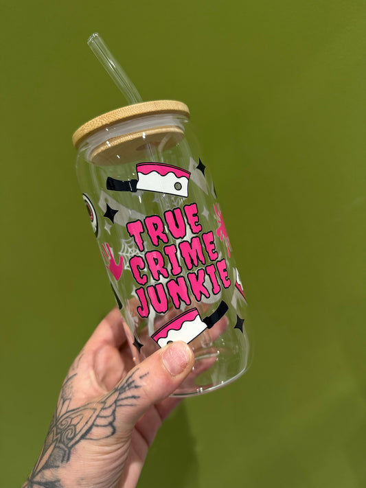 True Crime Junkie pink - 16oz Glass Tumbler