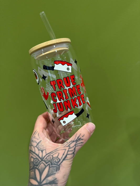 True Crime Junkie red - 16oz Glass Tumbler